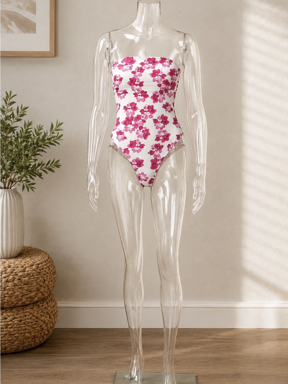 Strapless White Bodysuit with Pink Floral Print